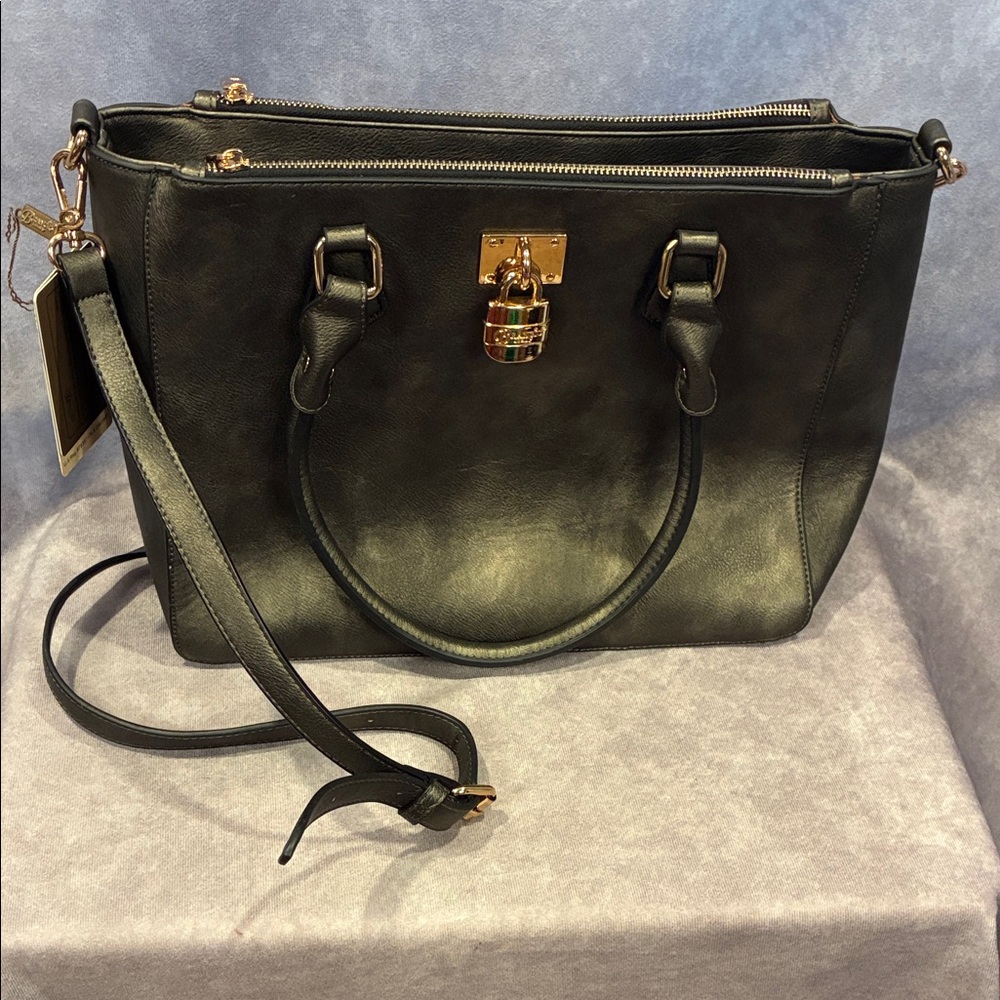 Gray Leather Tote with Gold Padlock Accent